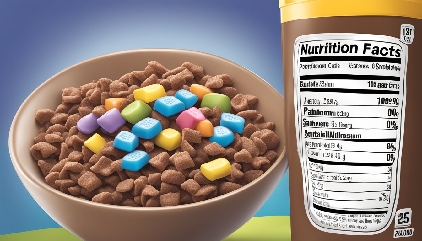 A bowl of Cocoa Krispies and Kaboom cereal with nutritional labels