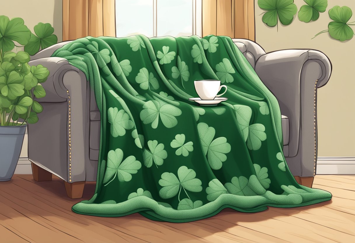 A cozy blanket with four-leaf clover pattern draped over a plush sofa, with a warm cup of tea on a nearby table