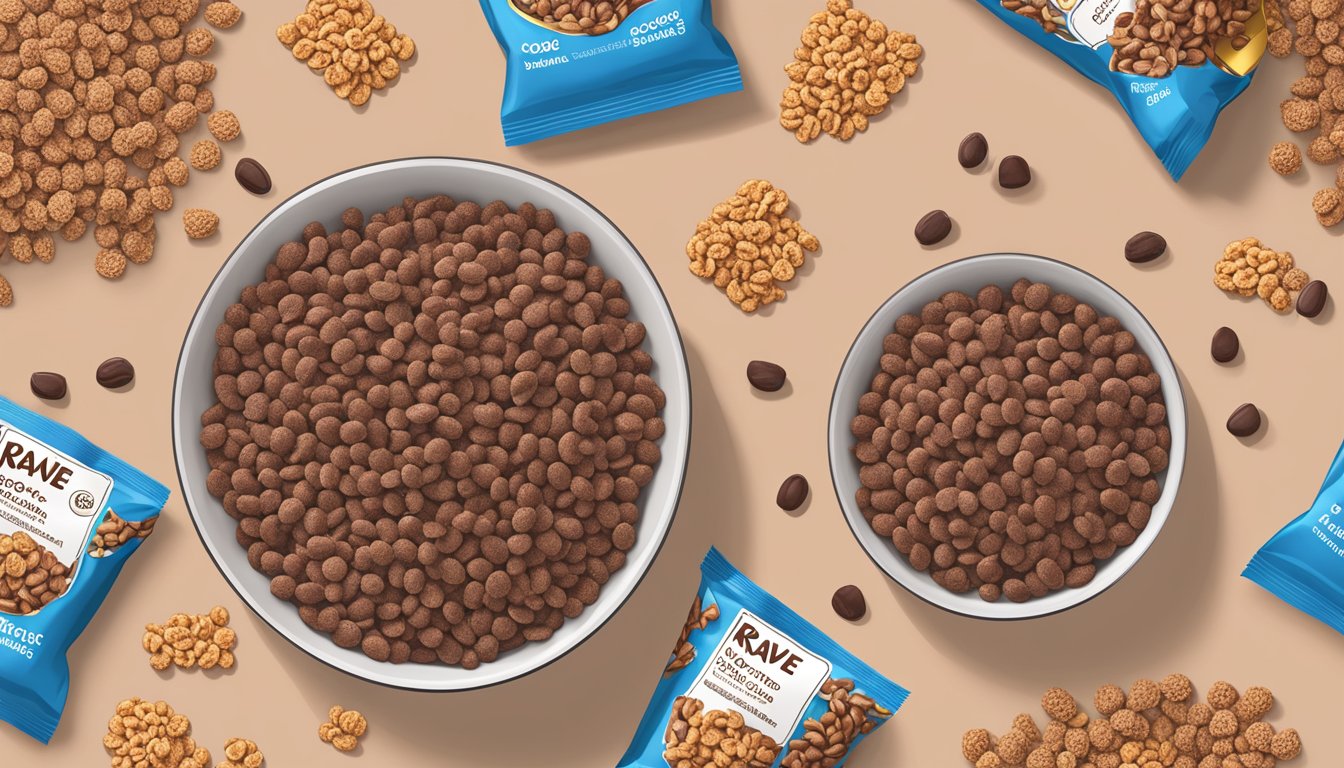 A bowl of Cocoa Krispies and Krave cereal with nutrition labels and scattered cocoa pods for comparison