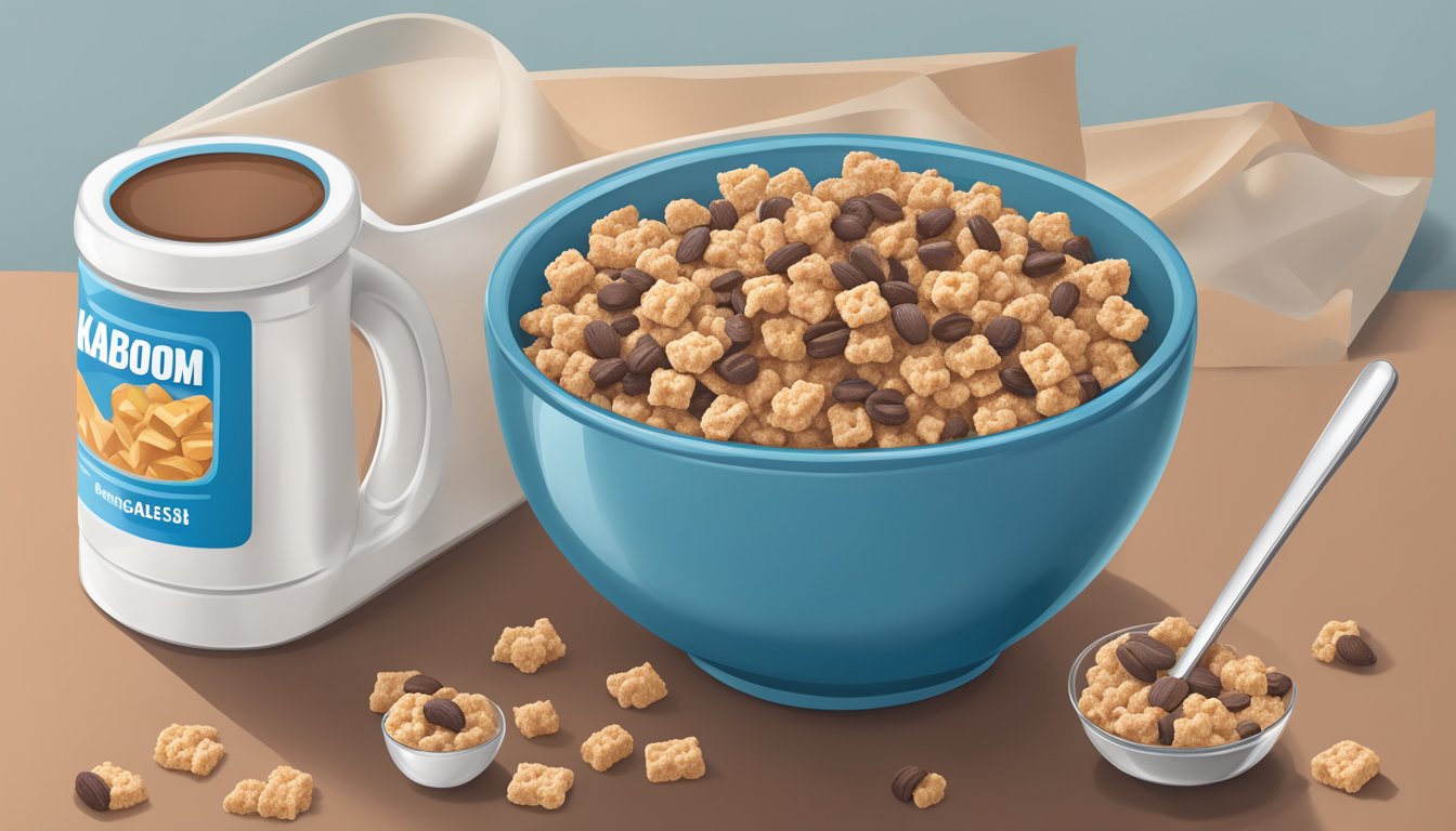 A bowl of Cocoa Krispies and Kaboom cereal next to a measuring cup and nutrition label