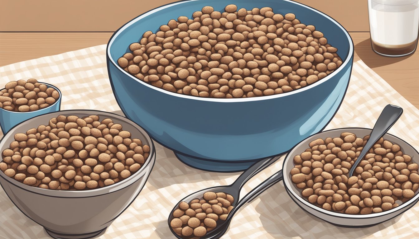 A bowl of cocoa krispies and a bowl of kaboom cereal side by side, with a glass of milk and a spoon on the table