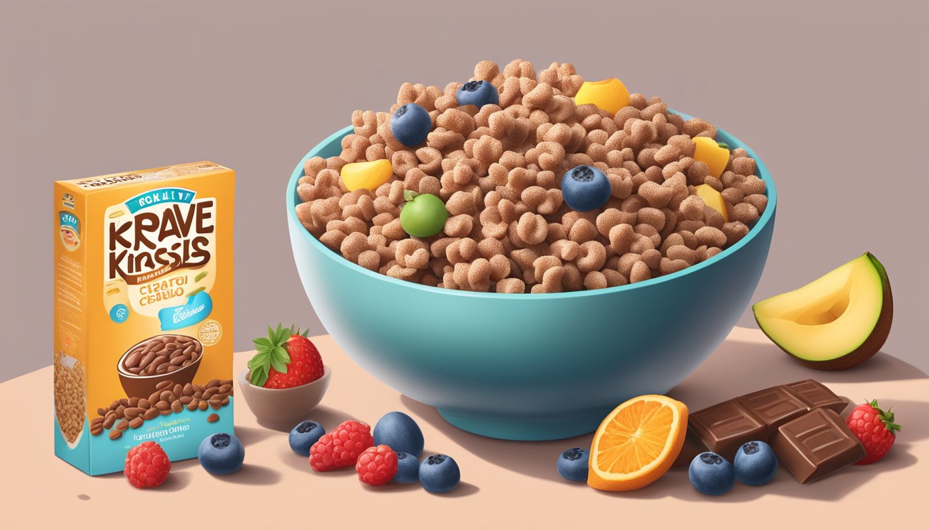 A bowl of Cocoa Krispies and Krave cereal next to each other, surrounded by images of healthy ingredients like fruits and whole grains