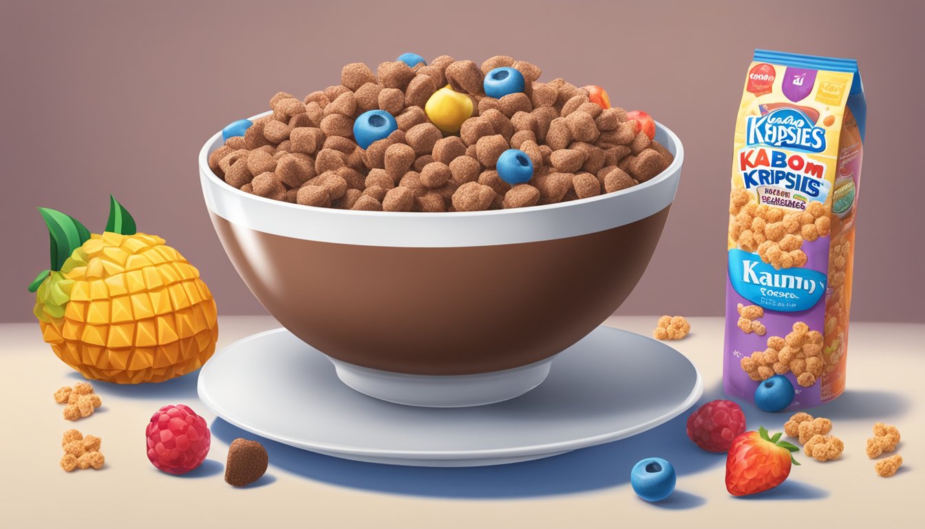 A bowl of Cocoa Krispies and Kaboom cereal side by side, surrounded by fresh fruits and a glass of milk