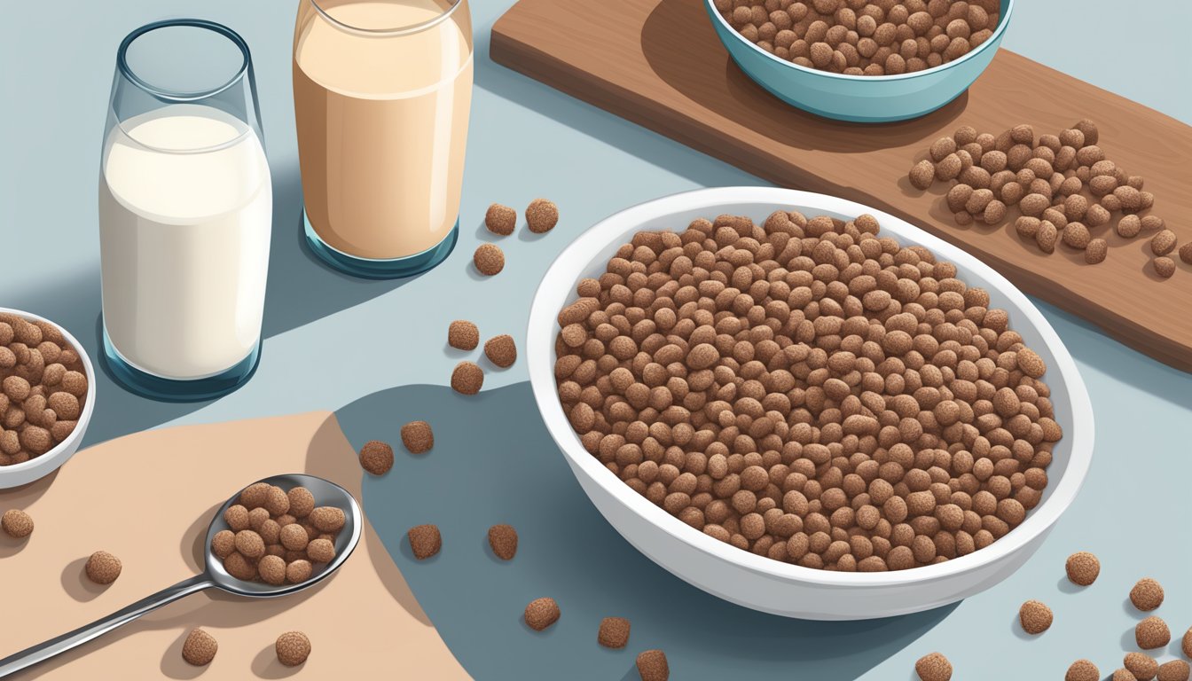 A bowl of Cocoa Krispies and Krave cereal side by side, surrounded by fresh milk and a spoon