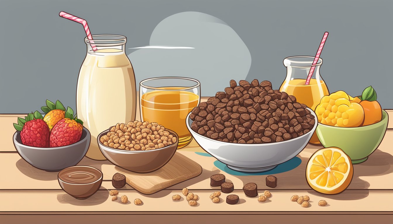 A bowl of Cocoa Krispies and a bowl of Honey Ohs surrounded by various fruits and a glass of milk