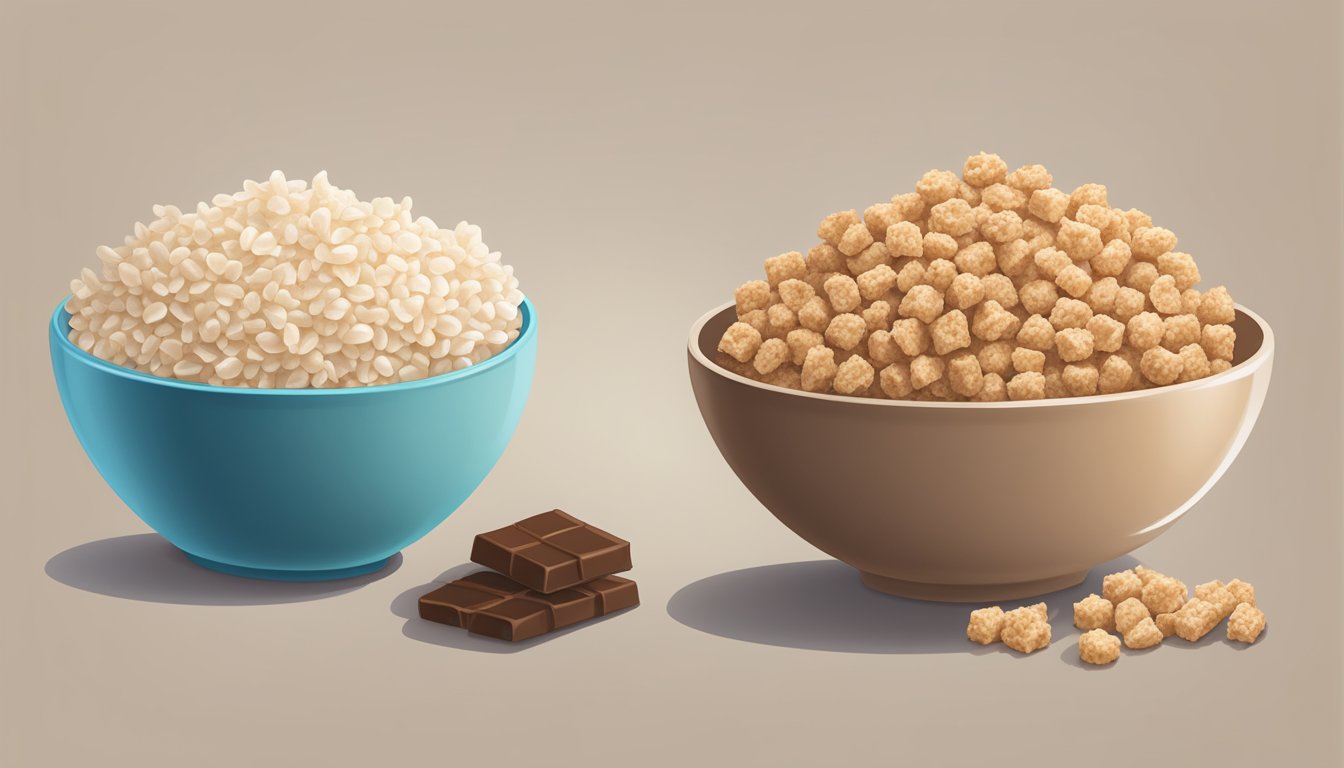 A bowl of Cocoa Krispies and a bowl of Rice Krispies side by side, with a measuring tape and a nutrition label next to each