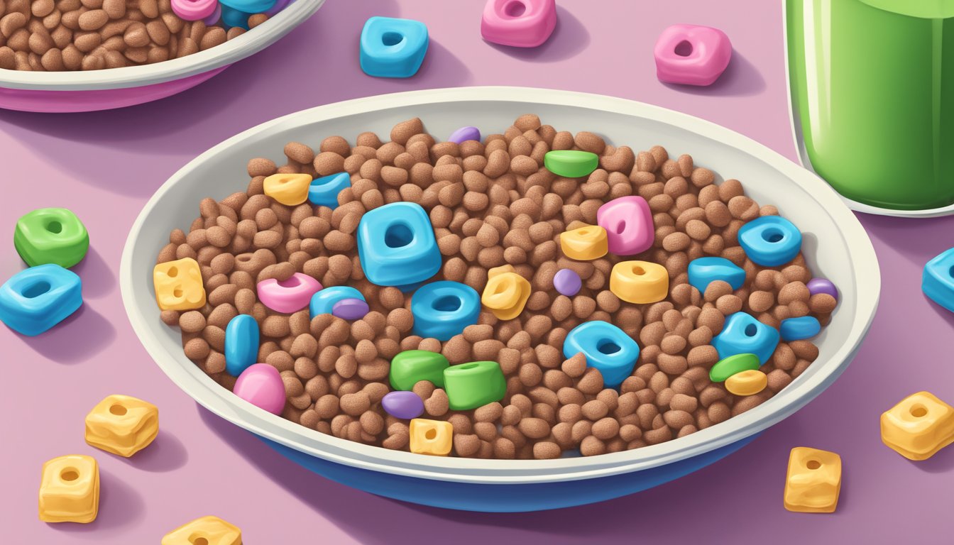 A bowl of Cocoa Krispies and Lucky Charms side by side, surrounded by milk and a measuring tape for comparison