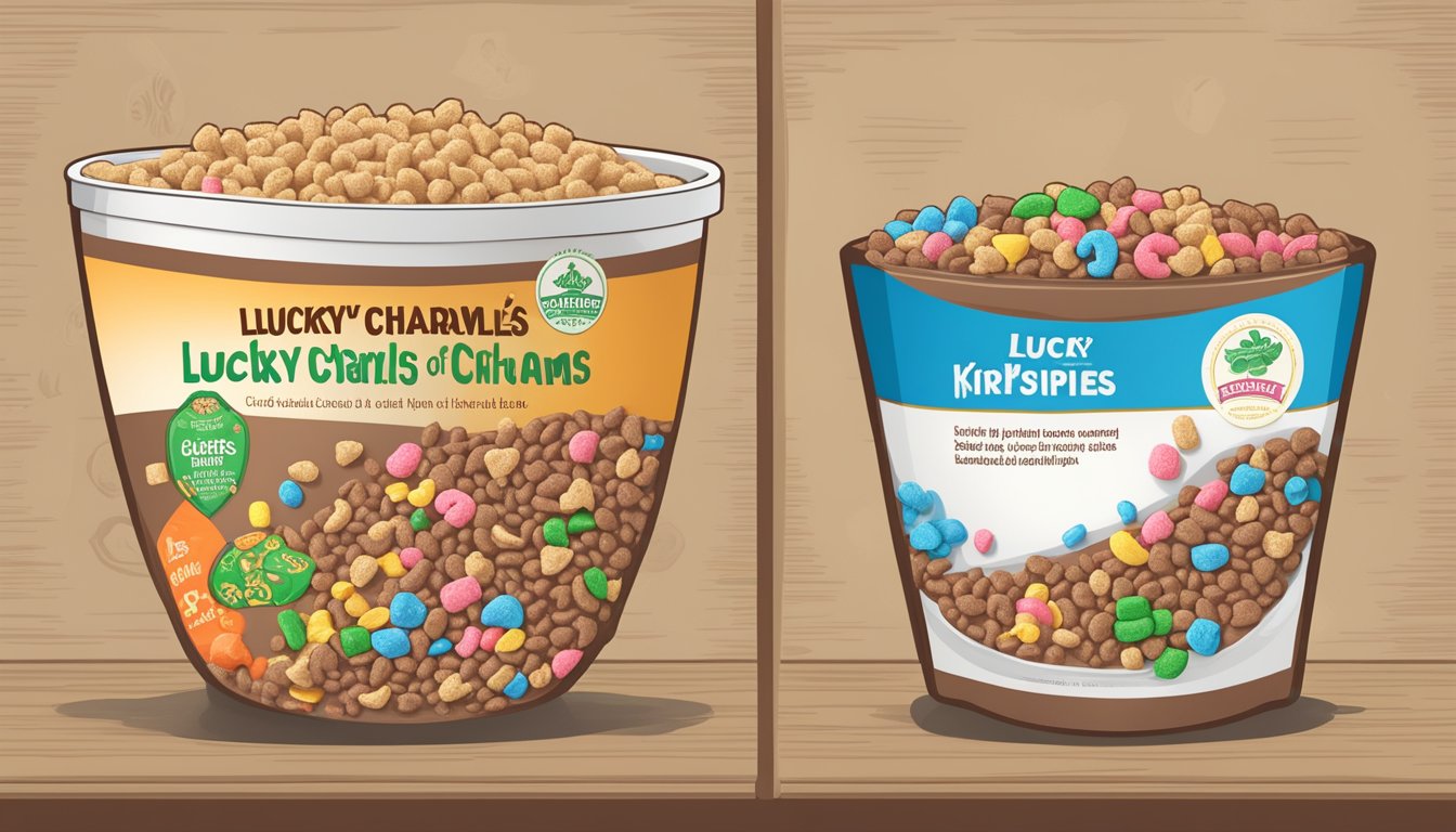 A bowl of Cocoa Krispies and Lucky Charms side by side with nutrition labels