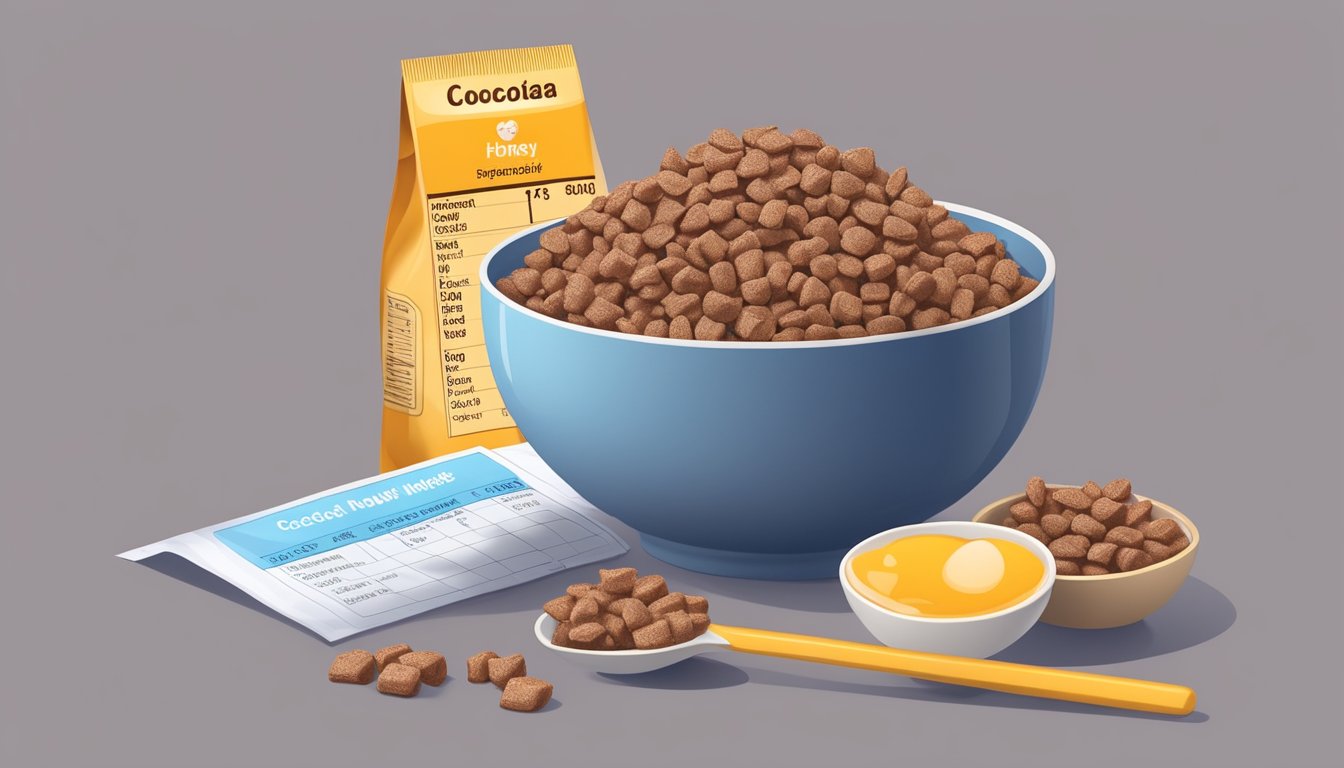 A bowl of Cocoa Krispies and Honey Ohs with milk, surrounded by nutritional information labels and a measuring tape