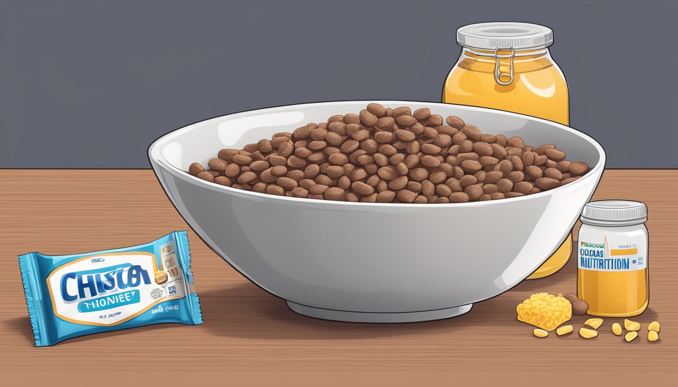 A bowl of Cocoa Krispies next to a bowl of Honey Ohs, with a measuring tape and a nutrition label in the background