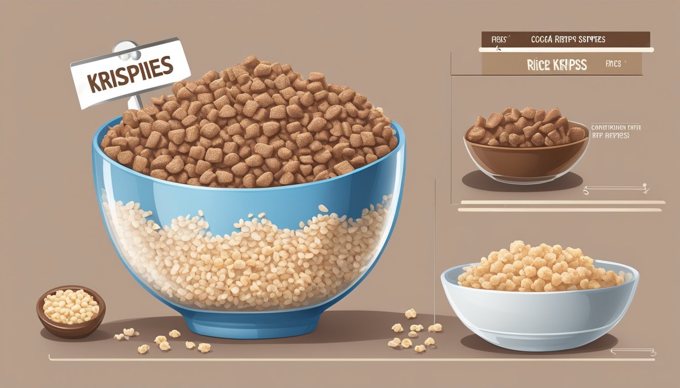 A bowl of Cocoa Krispies and Rice Krispies with nutritional labels and a scale for comparison