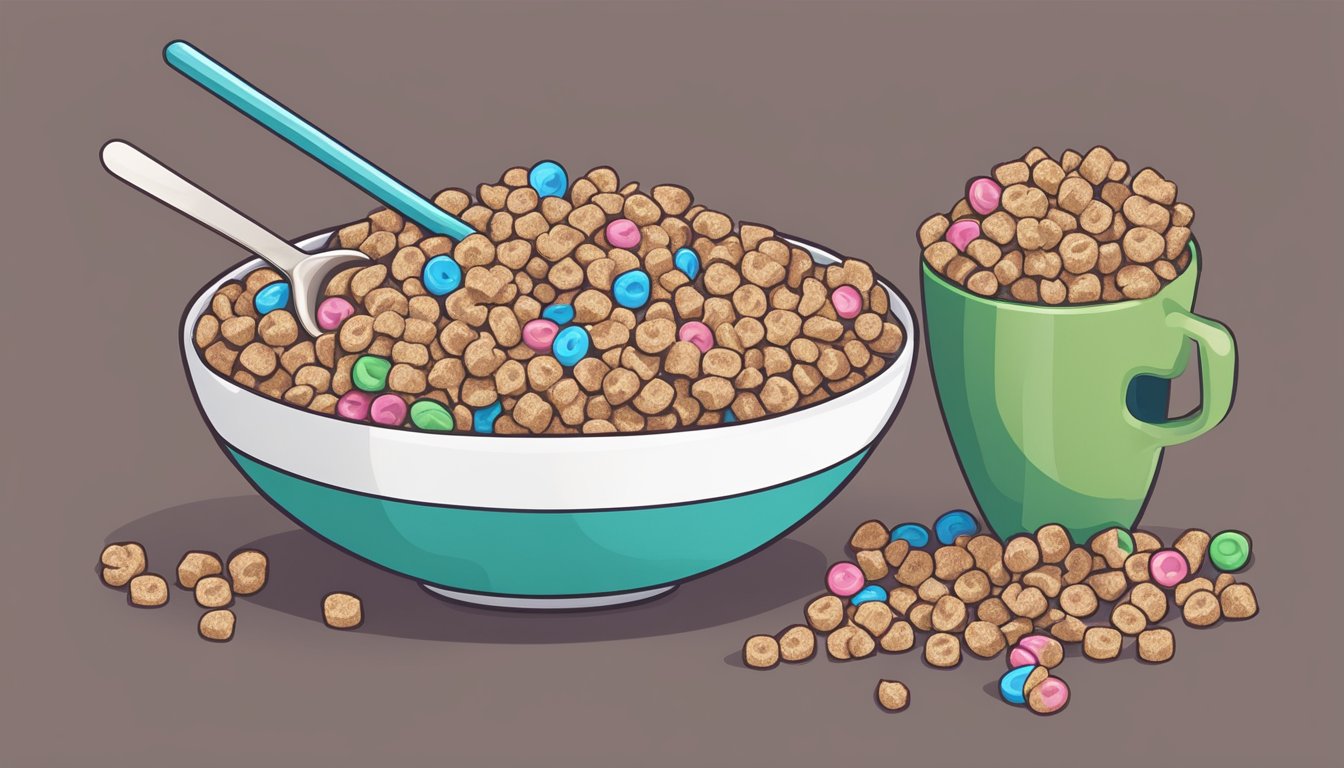 A bowl of Cocoa Krispies and Lucky Charms side by side, with a measuring cup and spoon next to them