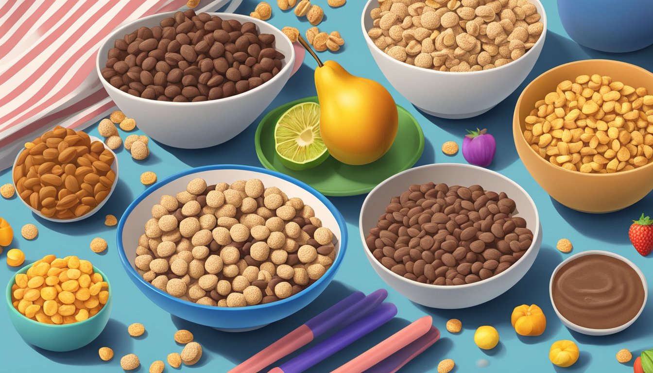 A table with bowls of cocoa krispies and lucky charms, surrounded by various fruits, vegetables, and nutrient labels