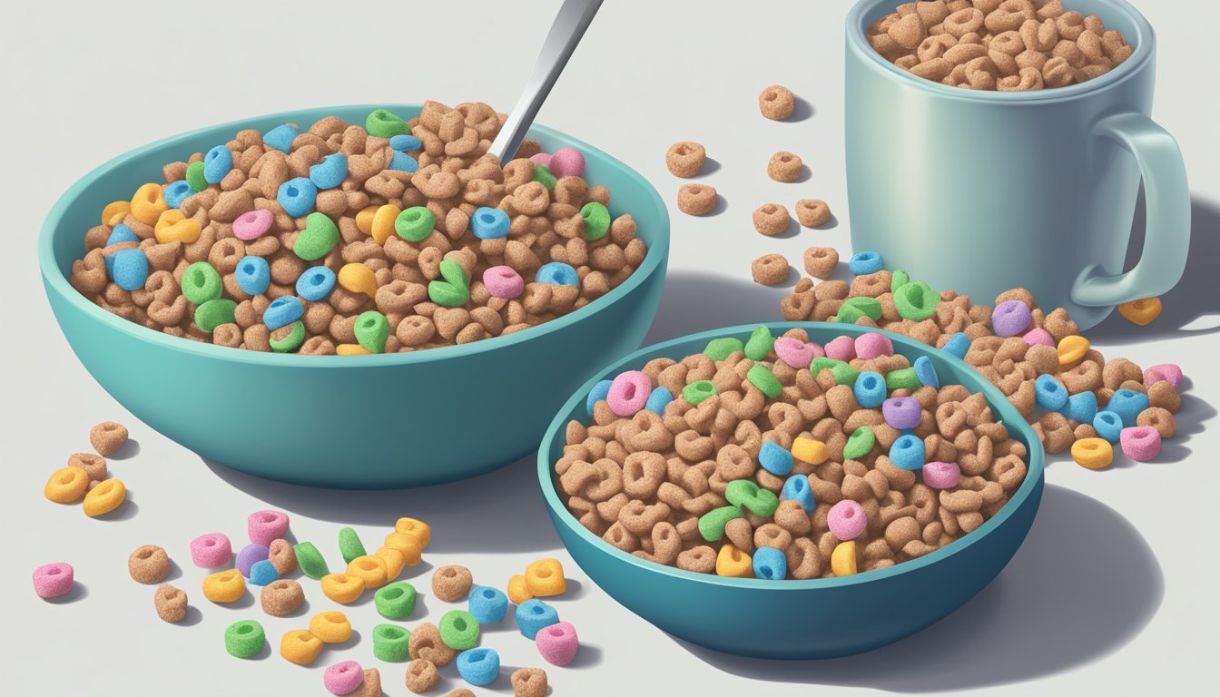 A bowl of Cocoa Krispies and Lucky Charms sit side by side, surrounded by measuring cups of sugar and nutritional labels