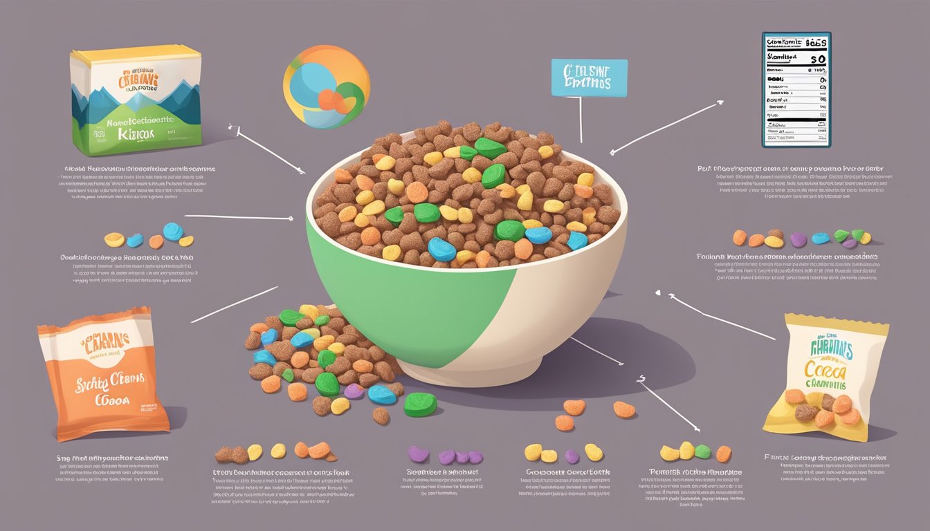 A bowl of Cocoa Krispies and Lucky Charms side by side, surrounded by nutritional information labels and a scale