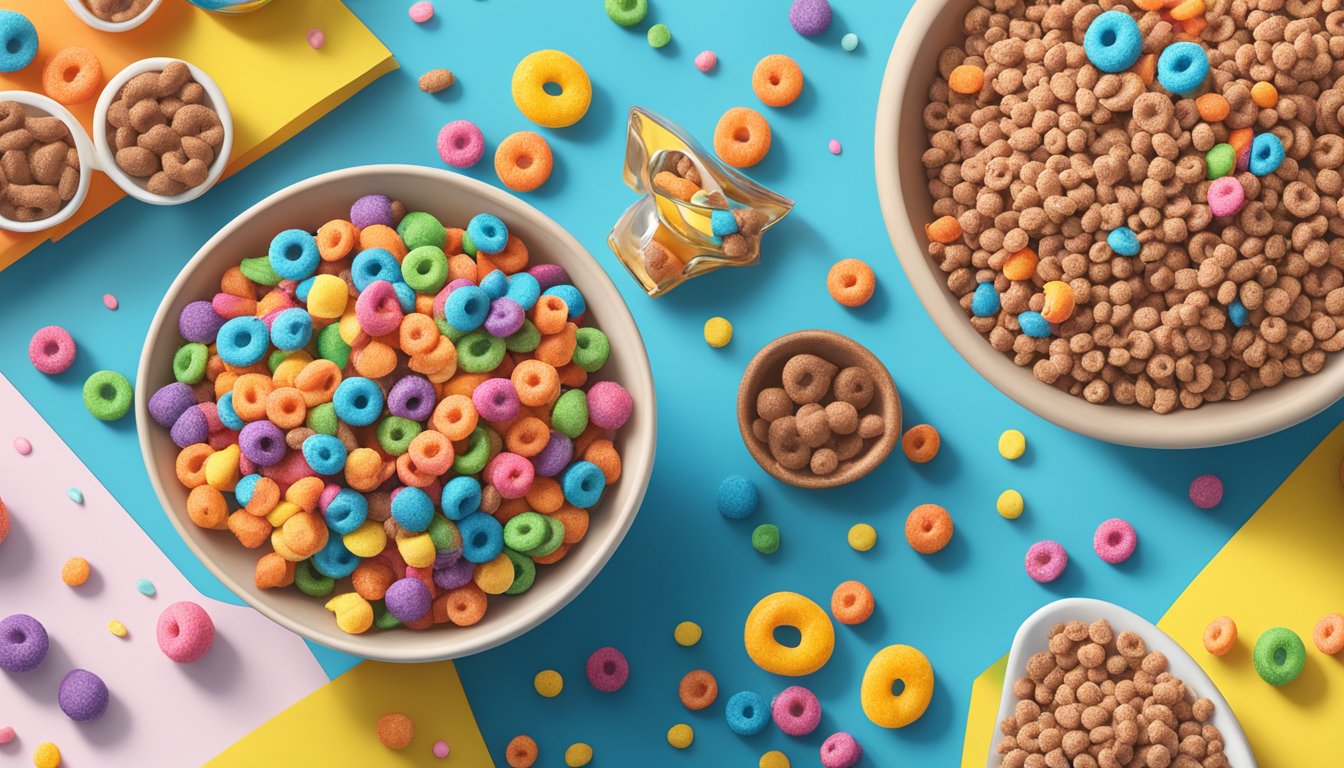 A bowl of cocoa krispies and a bowl of Kellogg's Froot Loops side by side, surrounded by scattered cereal pieces and milk splashes