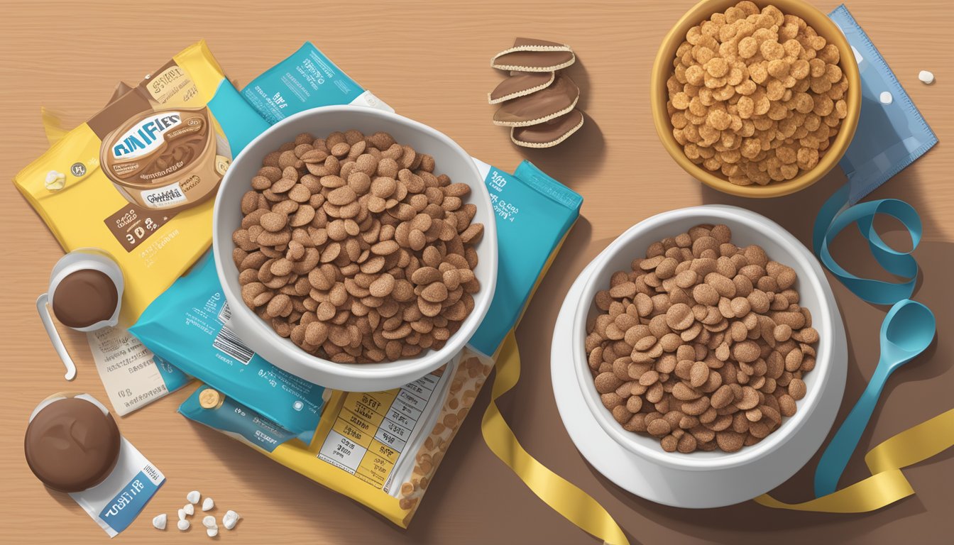 A bowl of cocoa pebbles and cookie crisp cereal next to each other with a measuring tape and nutritional information labels