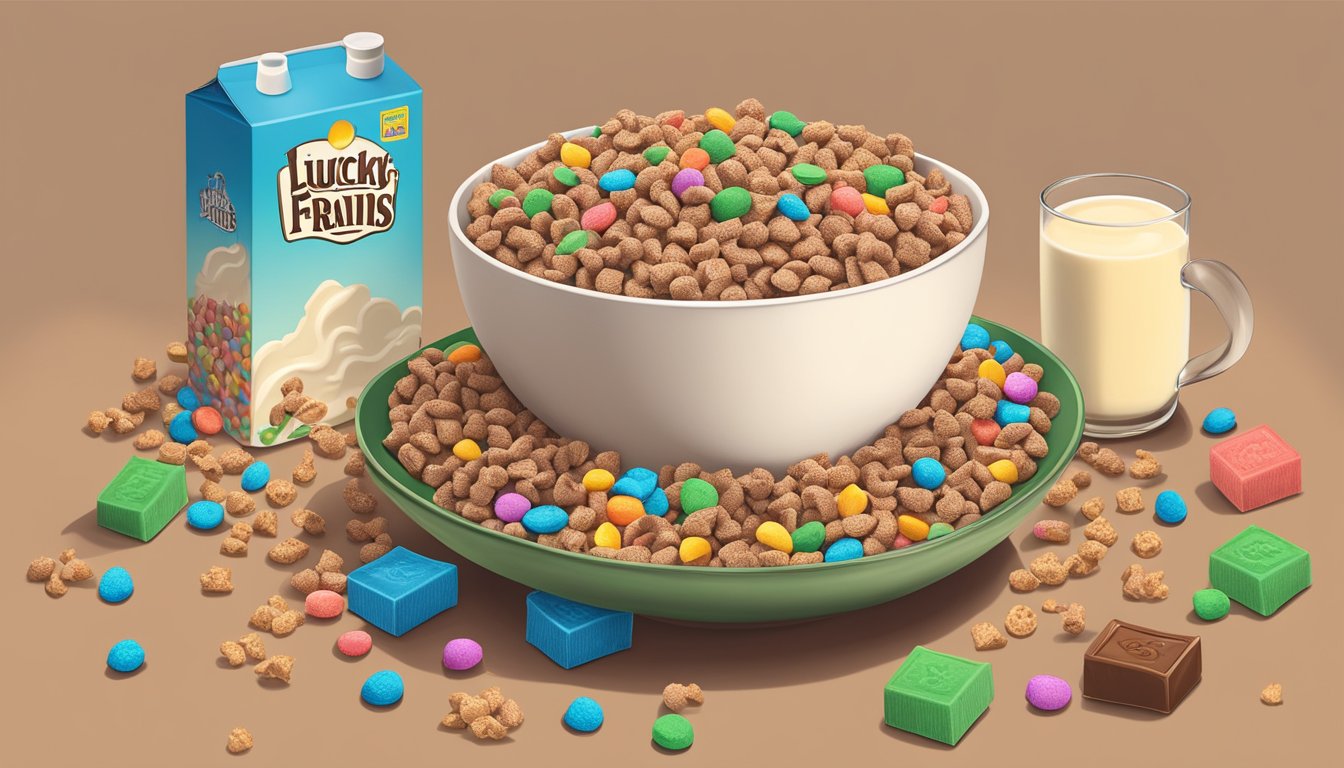 A bowl of Cocoa Krispies and Lucky Charms side by side, surrounded by milk cartons and fresh fruit