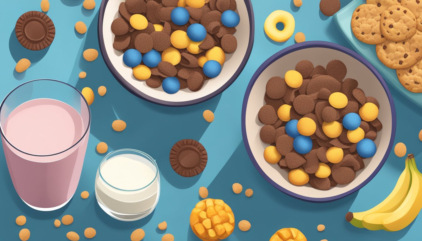 A bowl of cocoa pebbles and a bowl of cookie crisp with nutritional labels beside them, surrounded by various fruits and a glass of milk