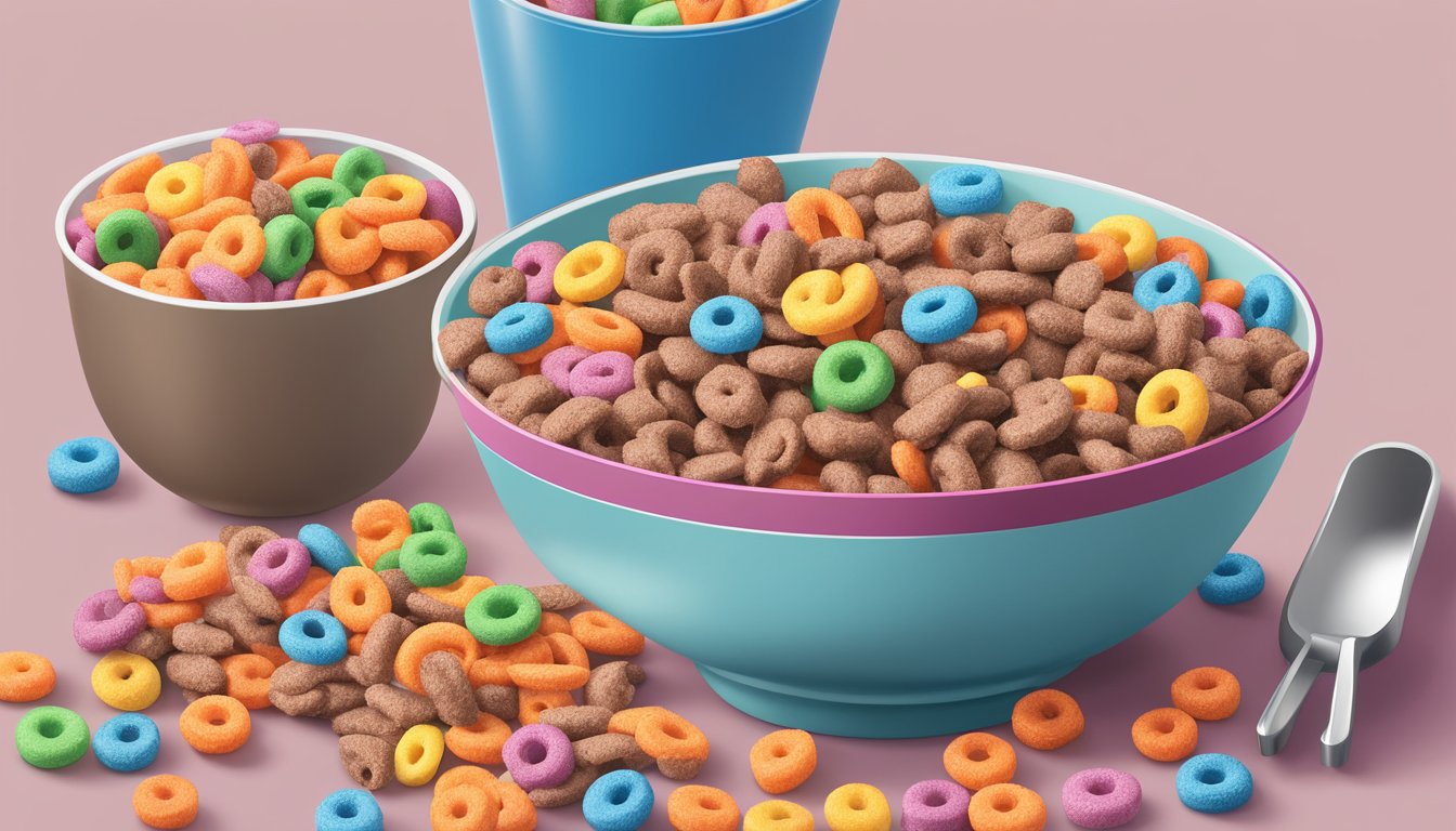 A bowl of Cocoa Krispies and a bowl of Kellogg's Froot Loops next to each other, with a measuring tape and a nutrition label in the background