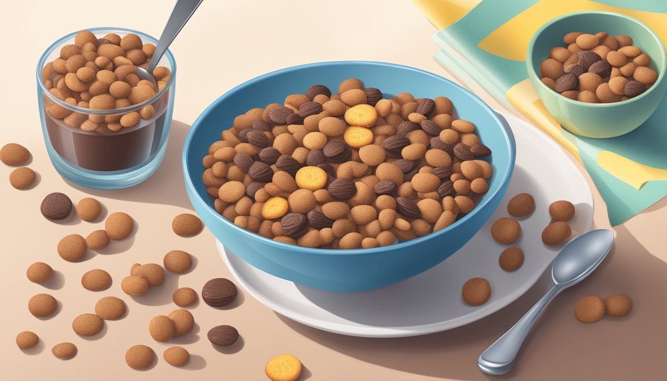 A bowl of cocoa pebbles and a bowl of cookie crisp next to each other on a table, surrounded by a measuring cup, spoon, and various fruits