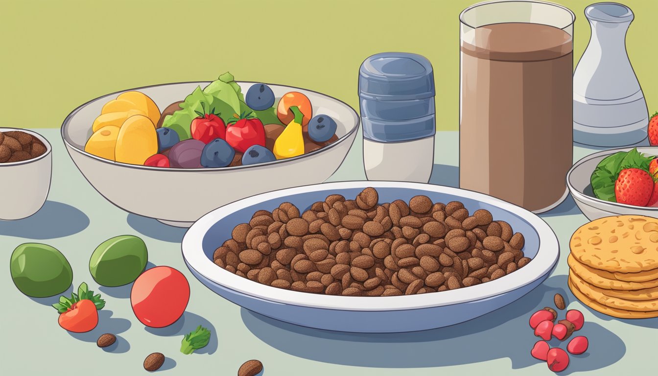 A bowl of cocoa pebbles and a bowl of cookie crisp on a table, surrounded by various fruits and vegetables