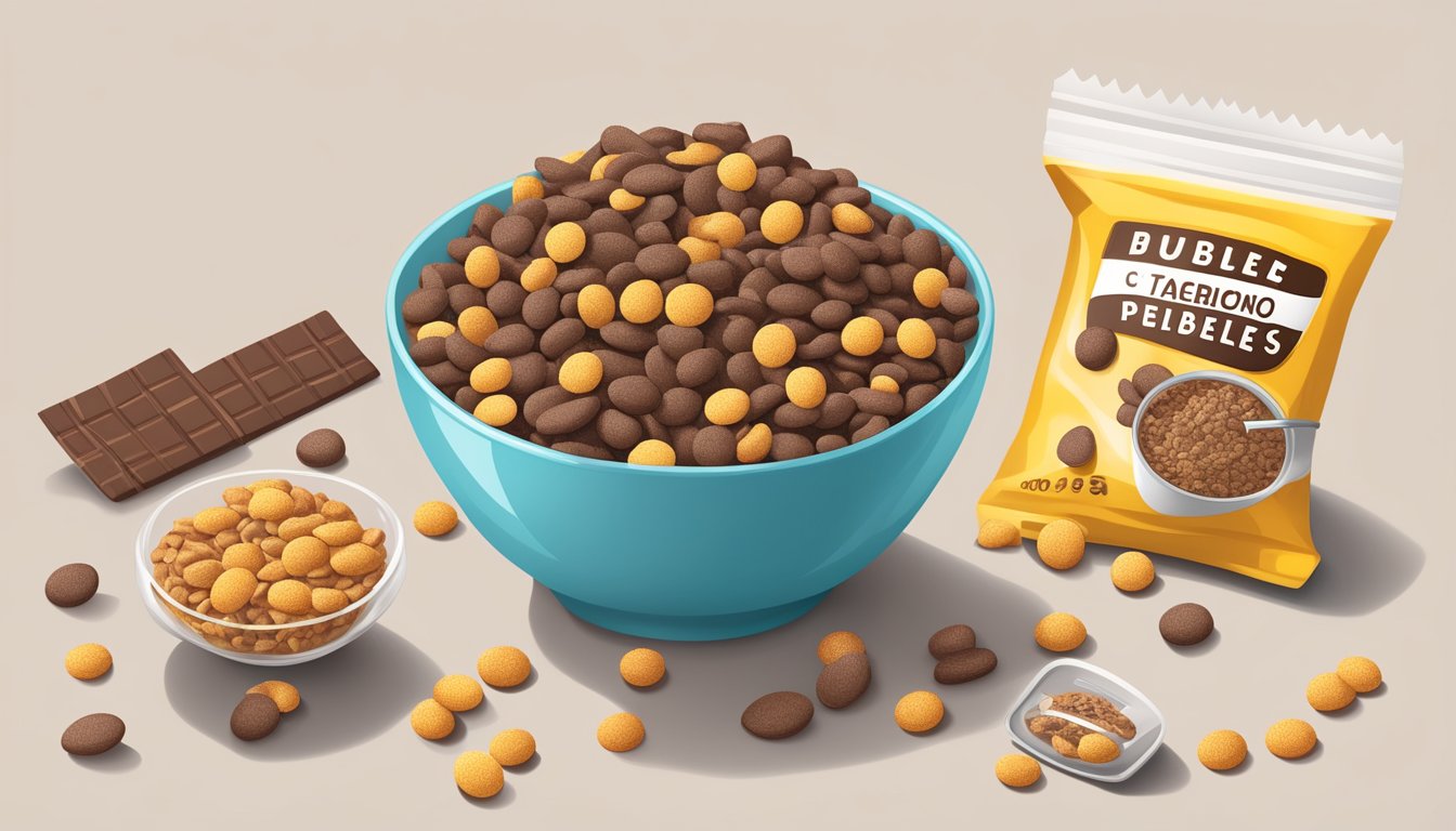 A bowl of Cocoa Pebbles and Cookie Crisp surrounded by nutritional labels and a measuring tape