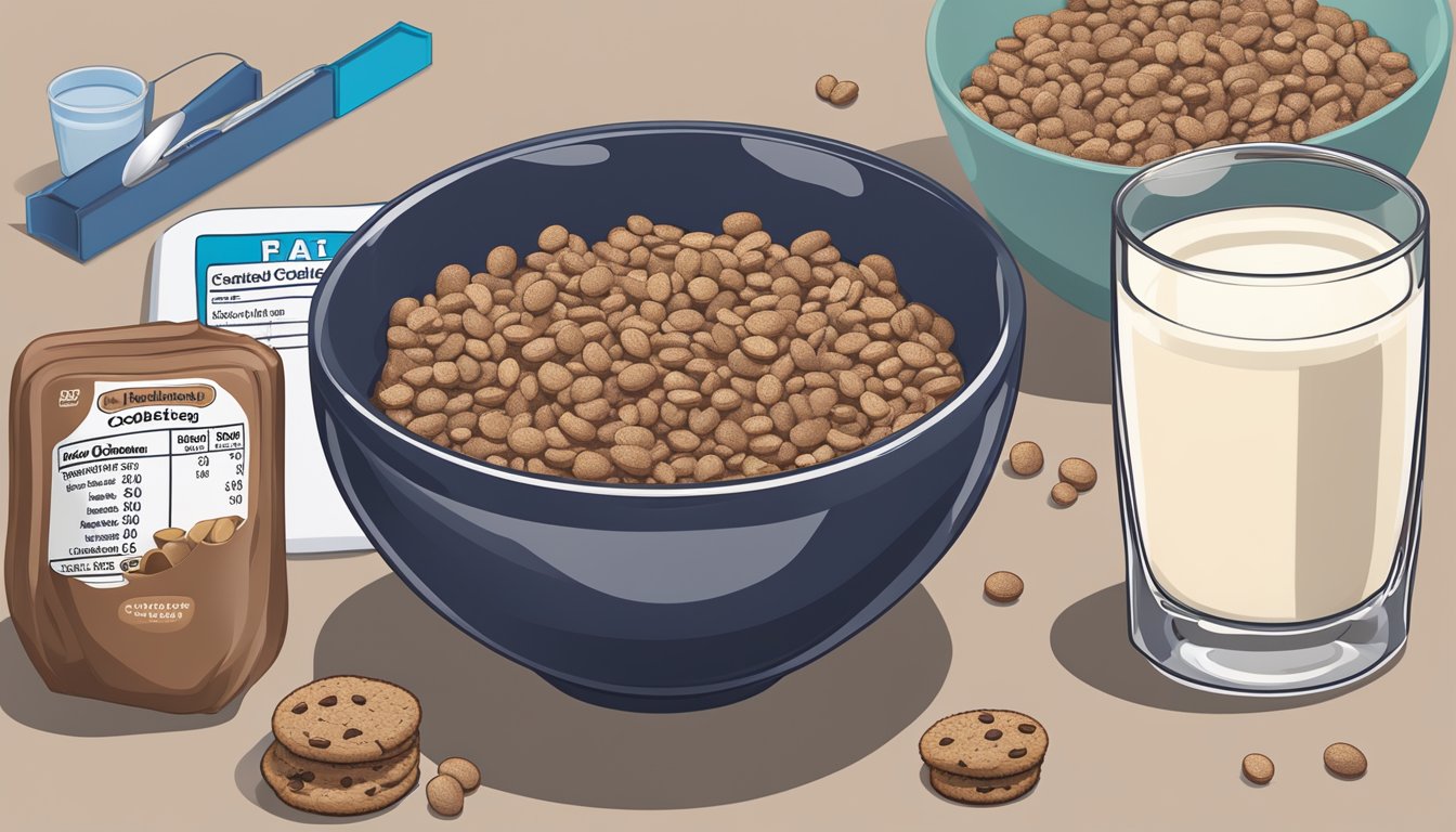 A bowl of cocoa pebbles and cookie crisp with a glass of milk, surrounded by measuring cups and nutrition labels