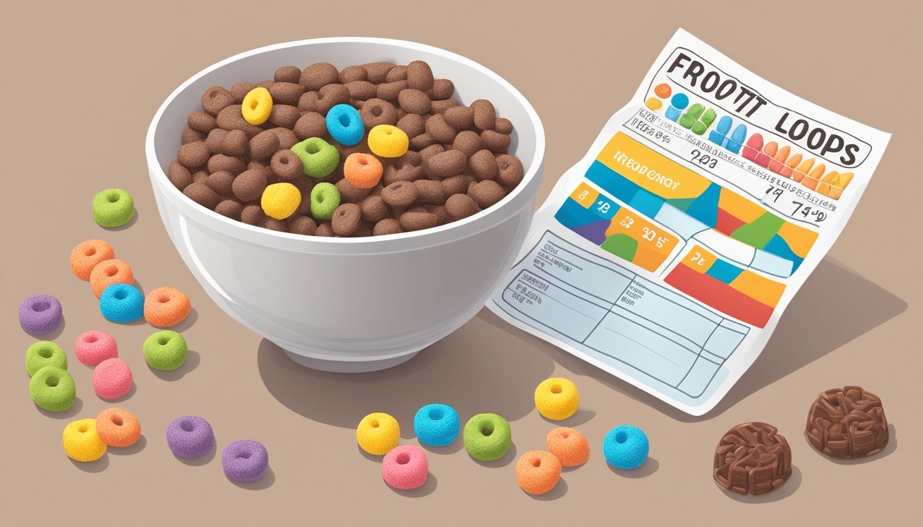 A bowl of Cocoa Krispies and a bowl of Froot Loops surrounded by nutritional information labels and a measuring tape