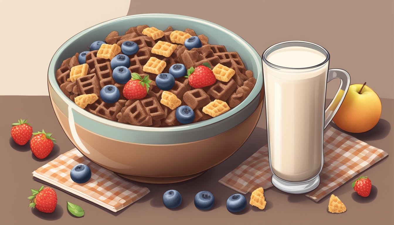 A bowl of Cocoa Krispies and Waffle Crisp with milk, surrounded by various fruits and a nutrition label