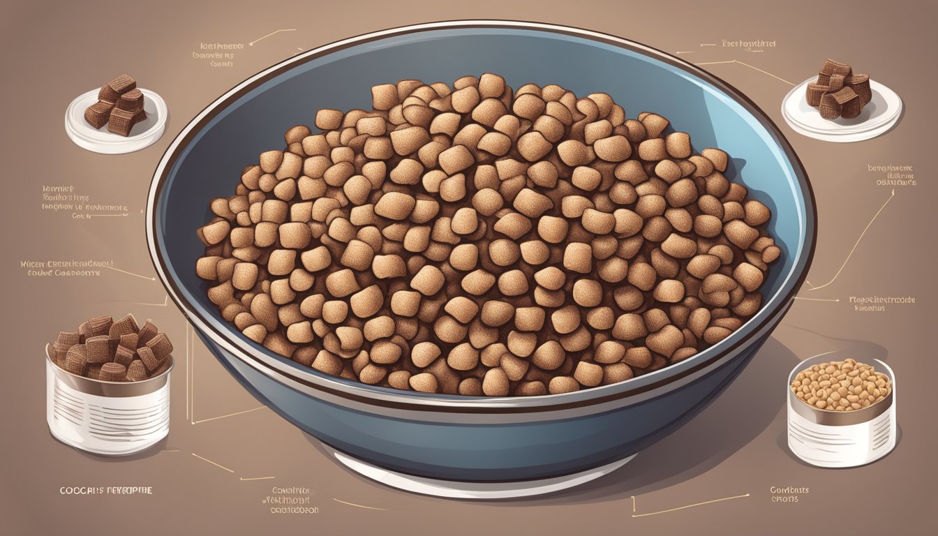 A bowl of Cocoa Krispies and Waffle Crisp with ingredient labels and quality indicators