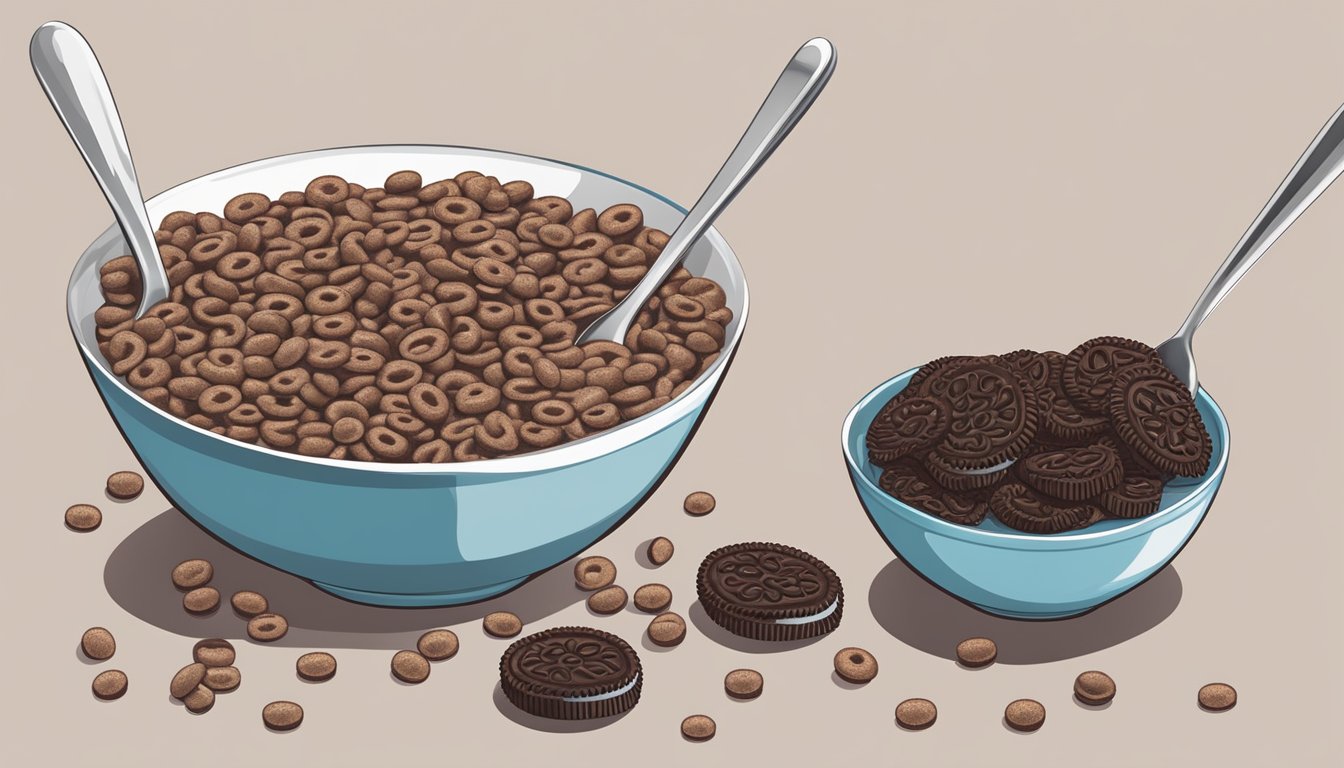 A bowl of Cocoa Krispies and Oreo O's side by side, surrounded by milk and a spoon