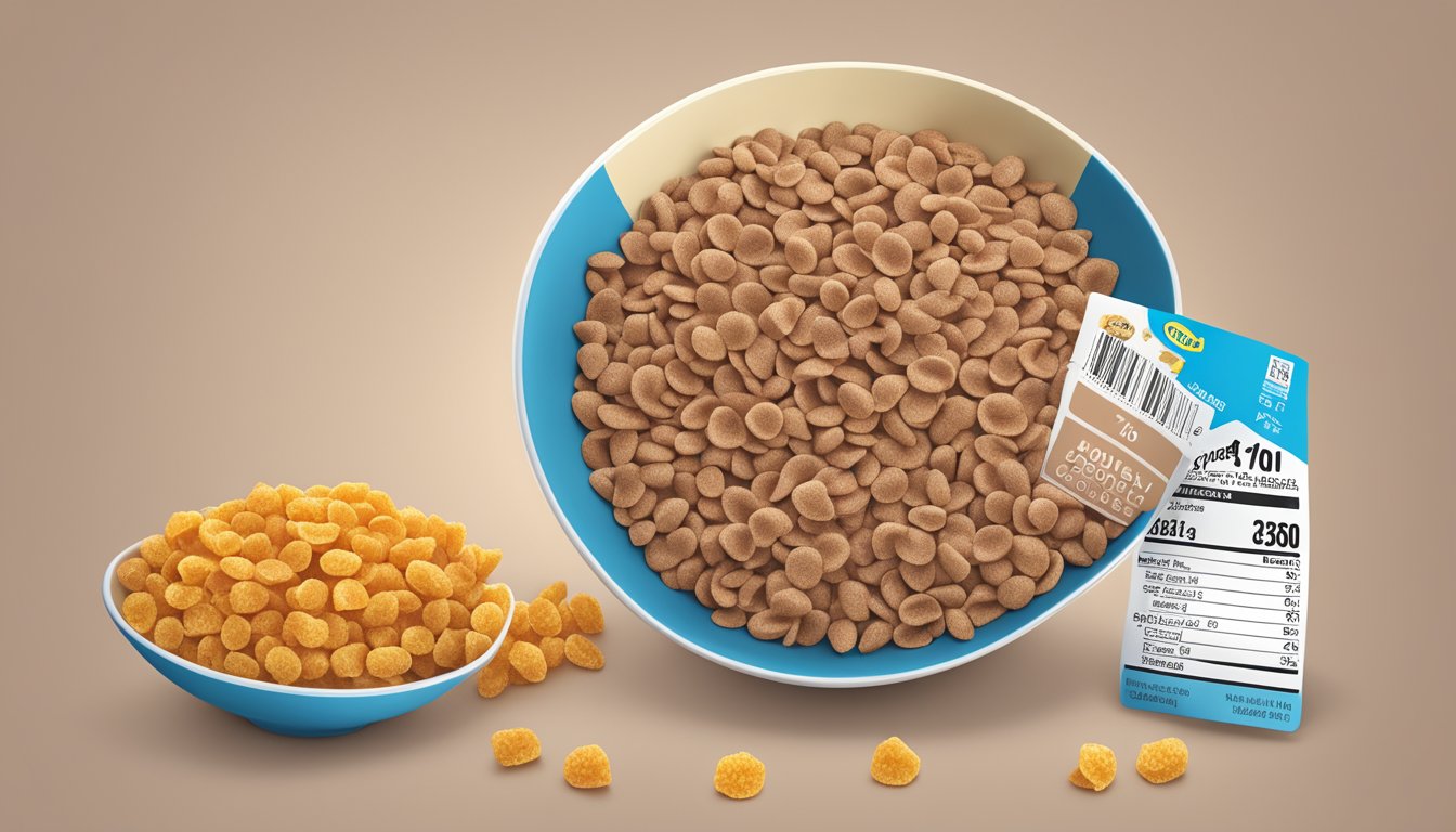 A bowl of cocoa pebbles and honeycomb cereal next to a nutrition label