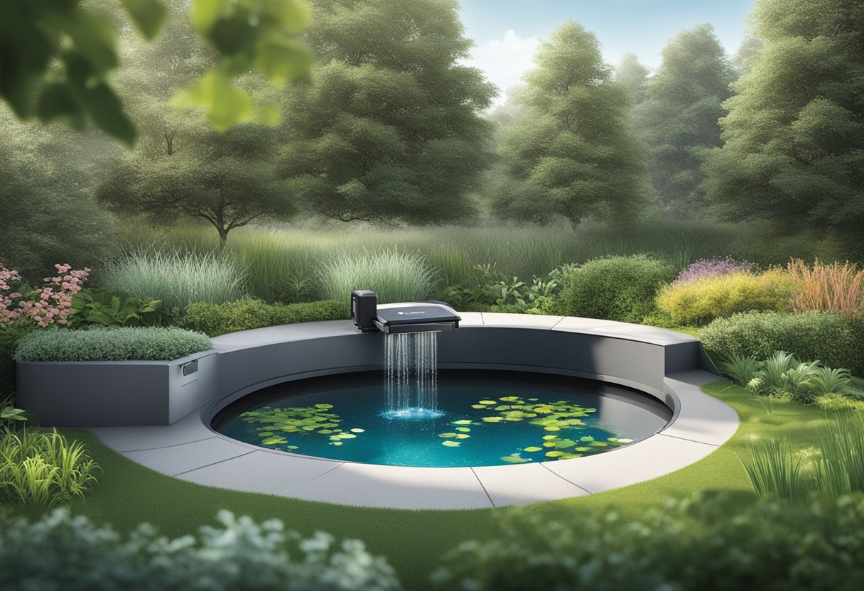 The Oase ProfiClear Premium Compact-L EGC, Premium drum filter, and moving bed biological filter are arranged in a sleek and modern outdoor pond setup, surrounded by lush greenery and bubbling water