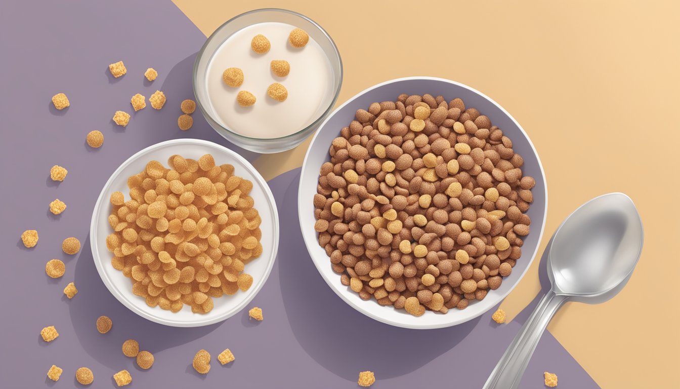 A bowl of cocoa pebbles and a bowl of honeycomb cereal side by side, with a glass of milk next to each