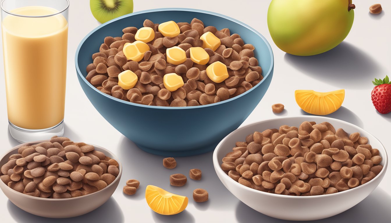 A bowl of cocoa pebbles and honeycomb cereal next to each other, surrounded by fresh fruit and a glass of milk