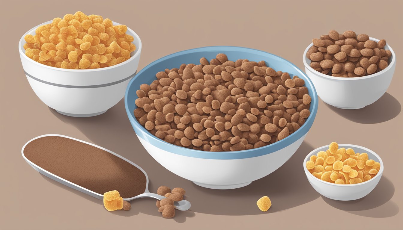 A bowl of Cocoa Pebbles and Honeycomb cereal next to each other, surrounded by measuring cups of sugar and a nutrition label