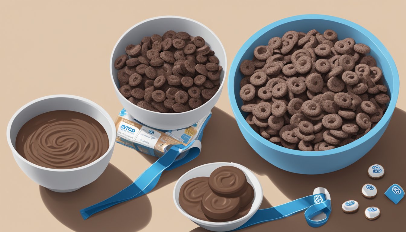 A bowl of Cocoa Krispies and a bowl of Oreo O's side by side, with a measuring tape and a nutrition label next to each bowl