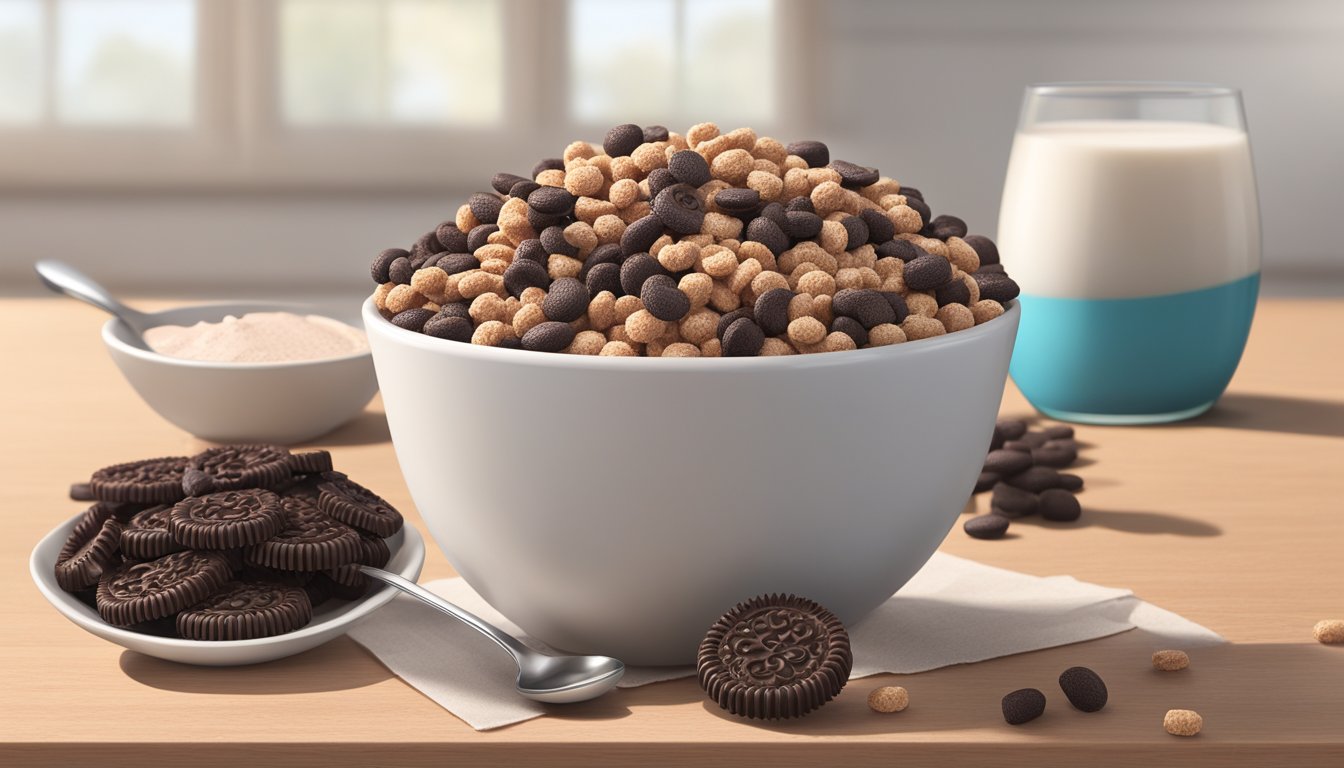 A bowl of Cocoa Krispies and Oreo O's side by side, with a glass of milk and a spoon, showcasing their different textures and colors