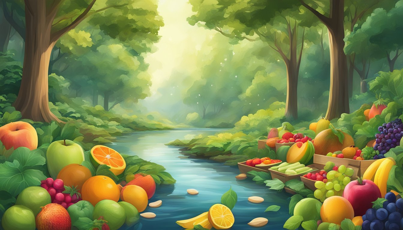 A serene forest with lush green trees and a clear stream running through, with two cereal boxes floating on the water, surrounded by vibrant fruits and vegetables