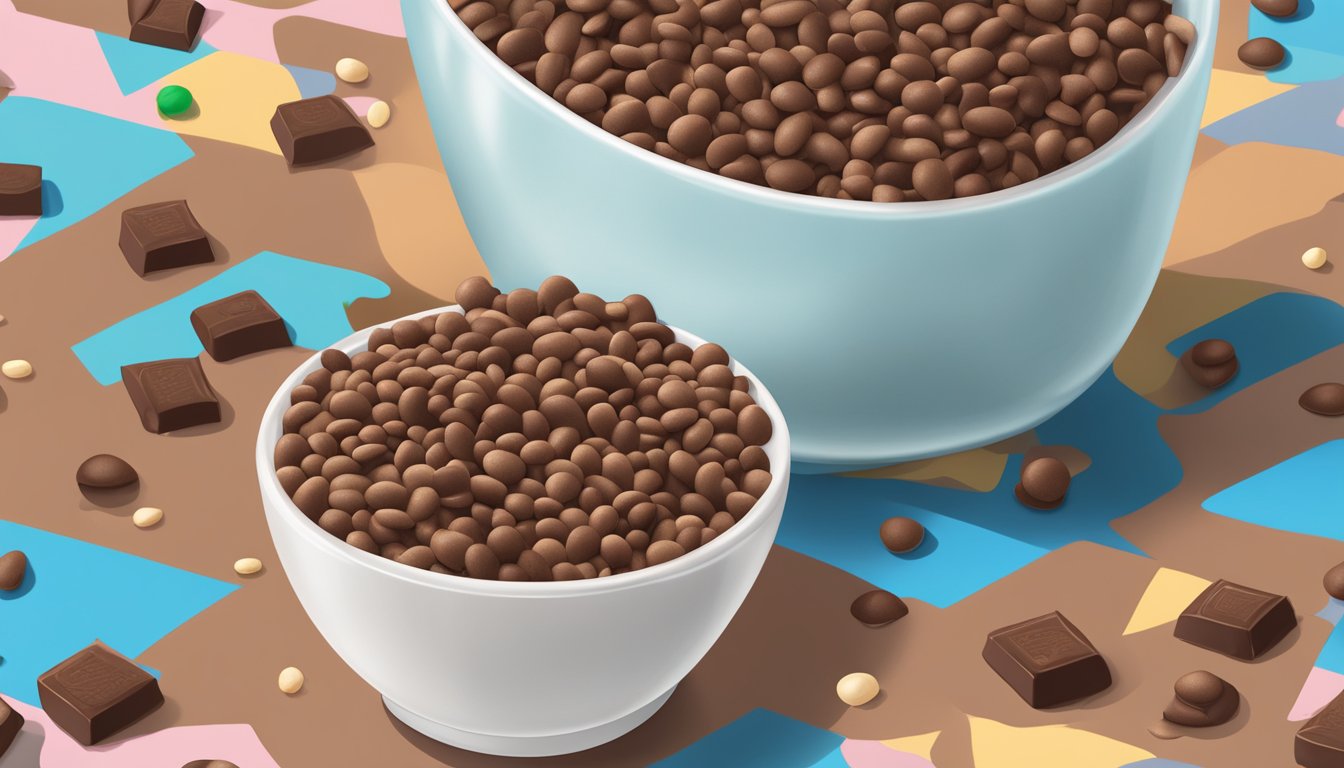 A bowl of cocoa pebbles and a bowl of Count Chocula sit side by side, surrounded by scattered chocolate pieces and milk