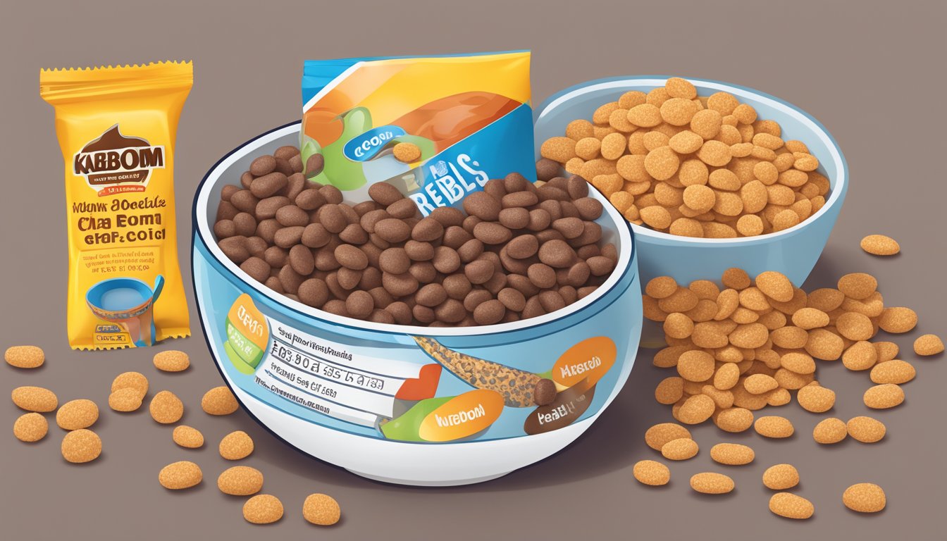 A bowl of Cocoa Pebbles and Kaboom cereal next to a measuring tape and nutrition labels