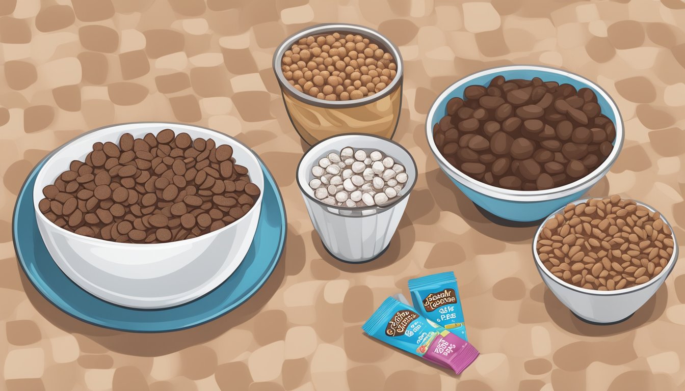 A bowl of cocoa pebbles and a bowl of Count Chocula sit side by side, surrounded by measuring cups and nutritional labels