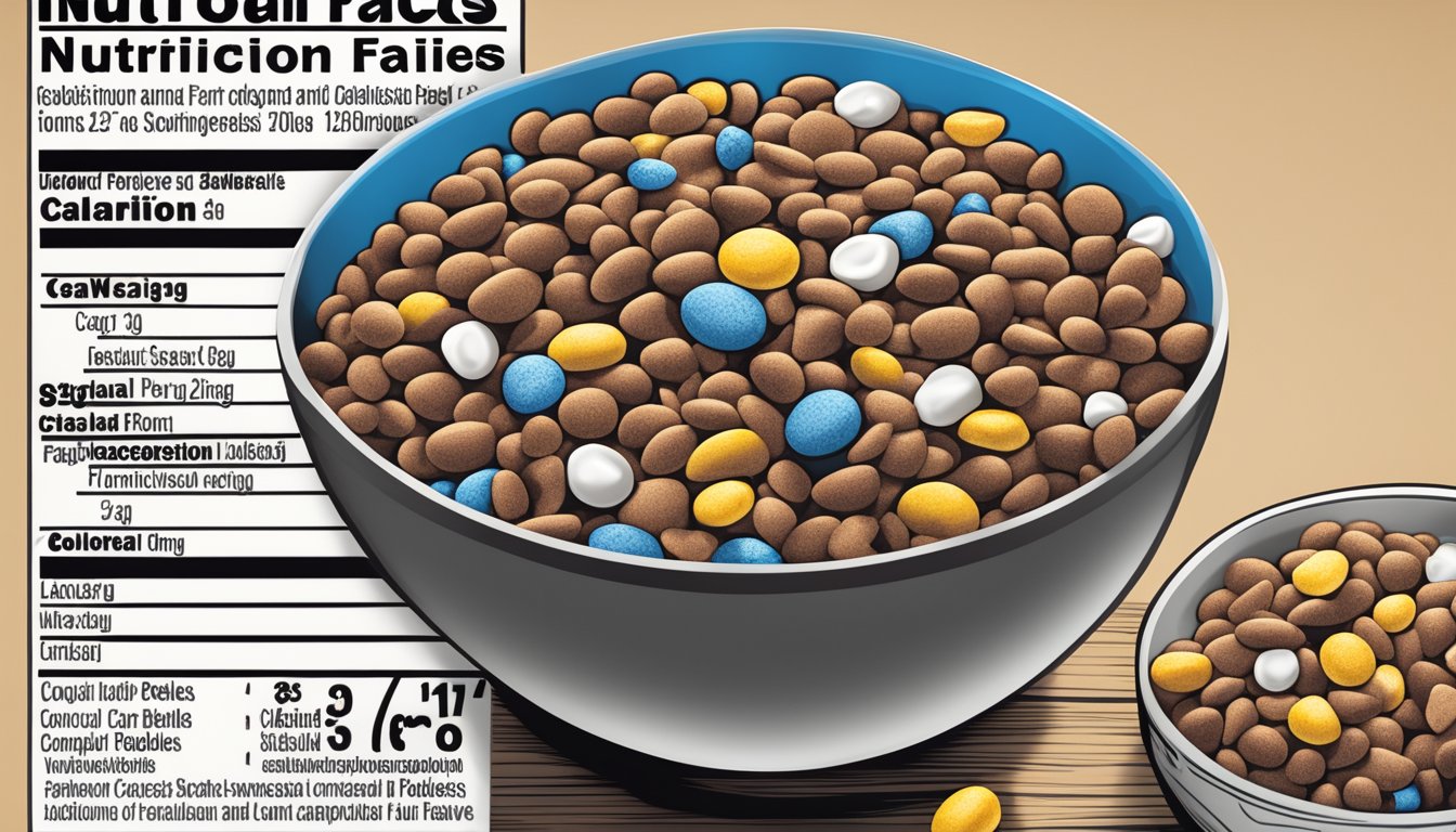 A bowl of cocoa pebbles and kaboom cereal surrounded by various ingredients and additives, with a nutrition label in the background for comparison