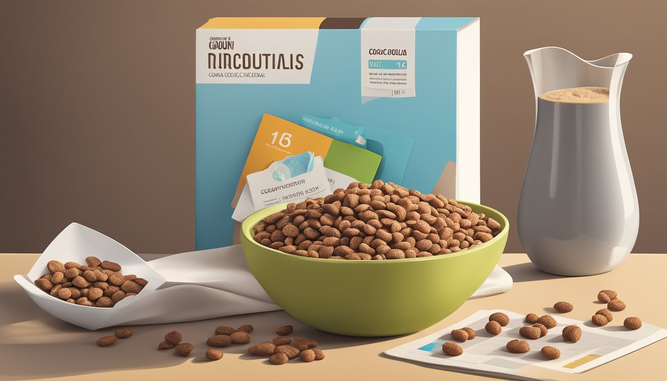 A bowl of cocoa pebbles and Count Chocula cereal boxes on a table, surrounded by nutritional information and a scale