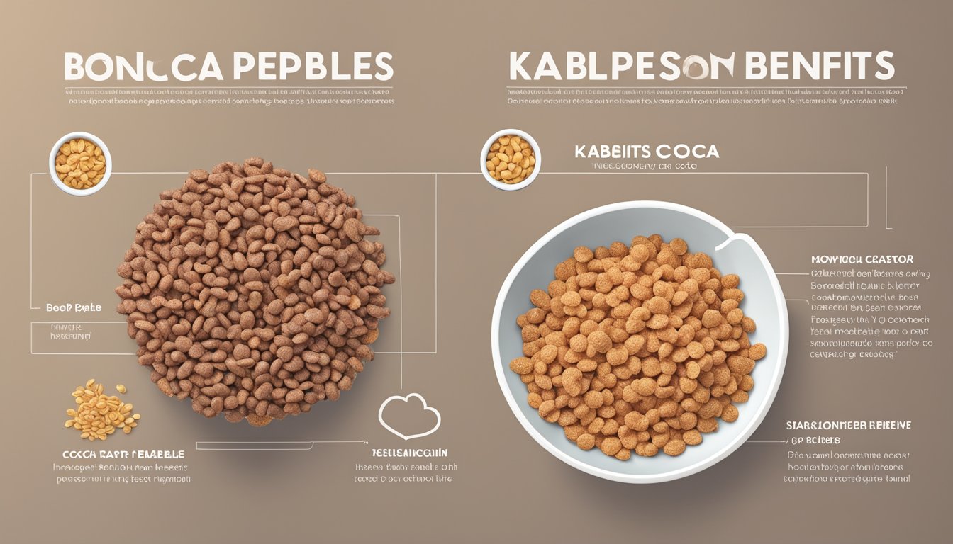 A bowl of cocoa pebbles and kaboom cereal with a comparison chart of their health implications and benefits