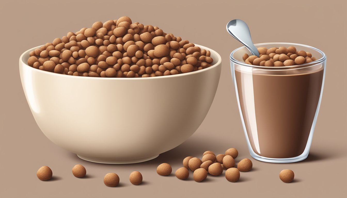 A bowl of Cocoa Pebbles and Cocoa Puffs next to each other, surrounded by milk and a spoon