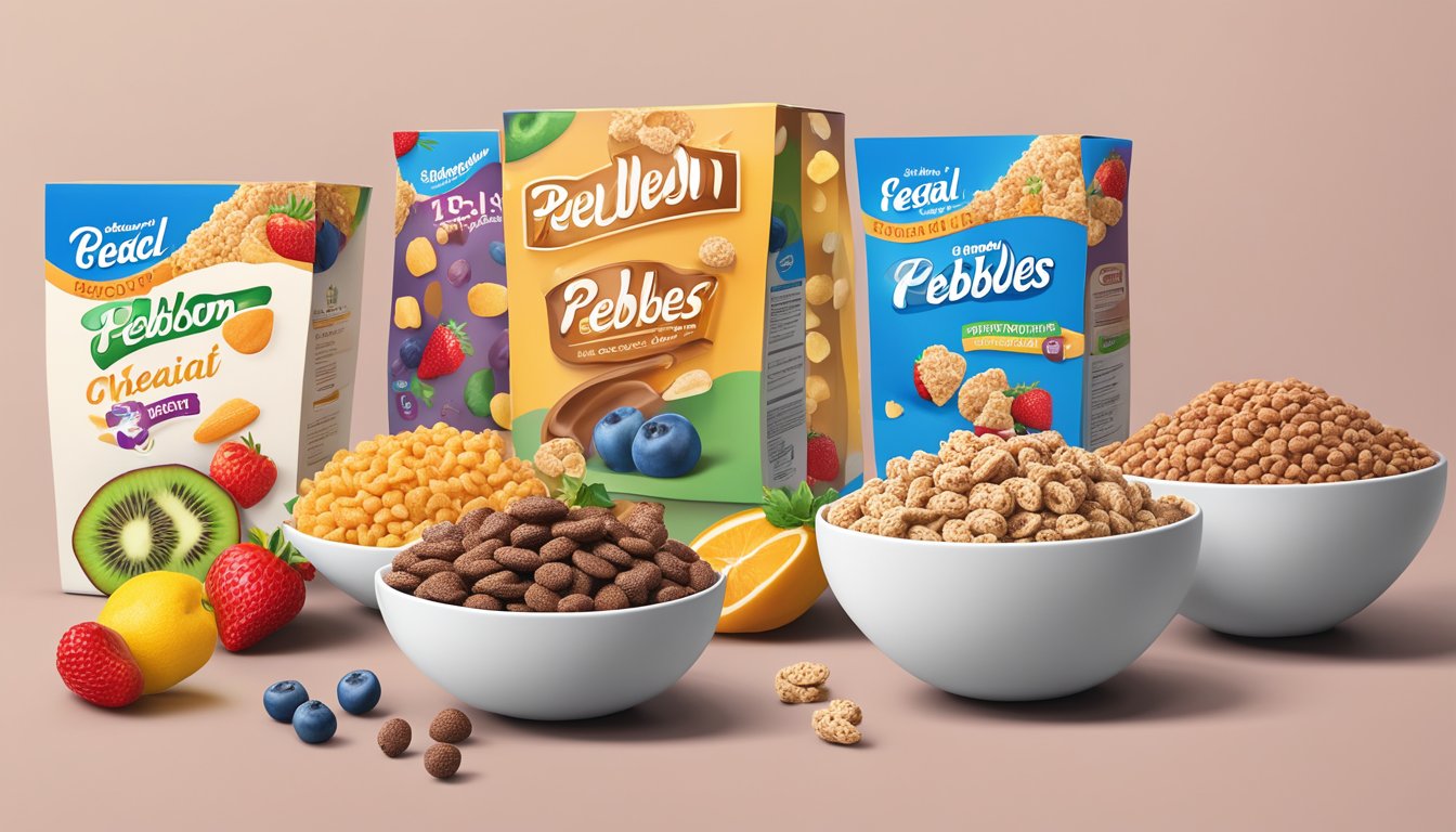 A bowl of cocoa pebbles and kaboom cereal next to a selection of fresh fruits and whole grain options