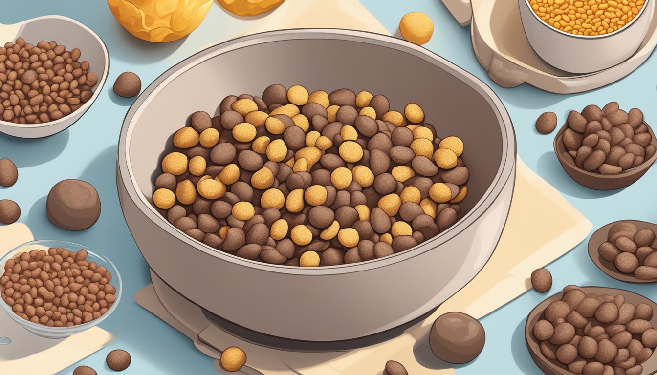 A bowl of cocoa pebbles and cocoa puffs surrounded by nutritional labels and a scale