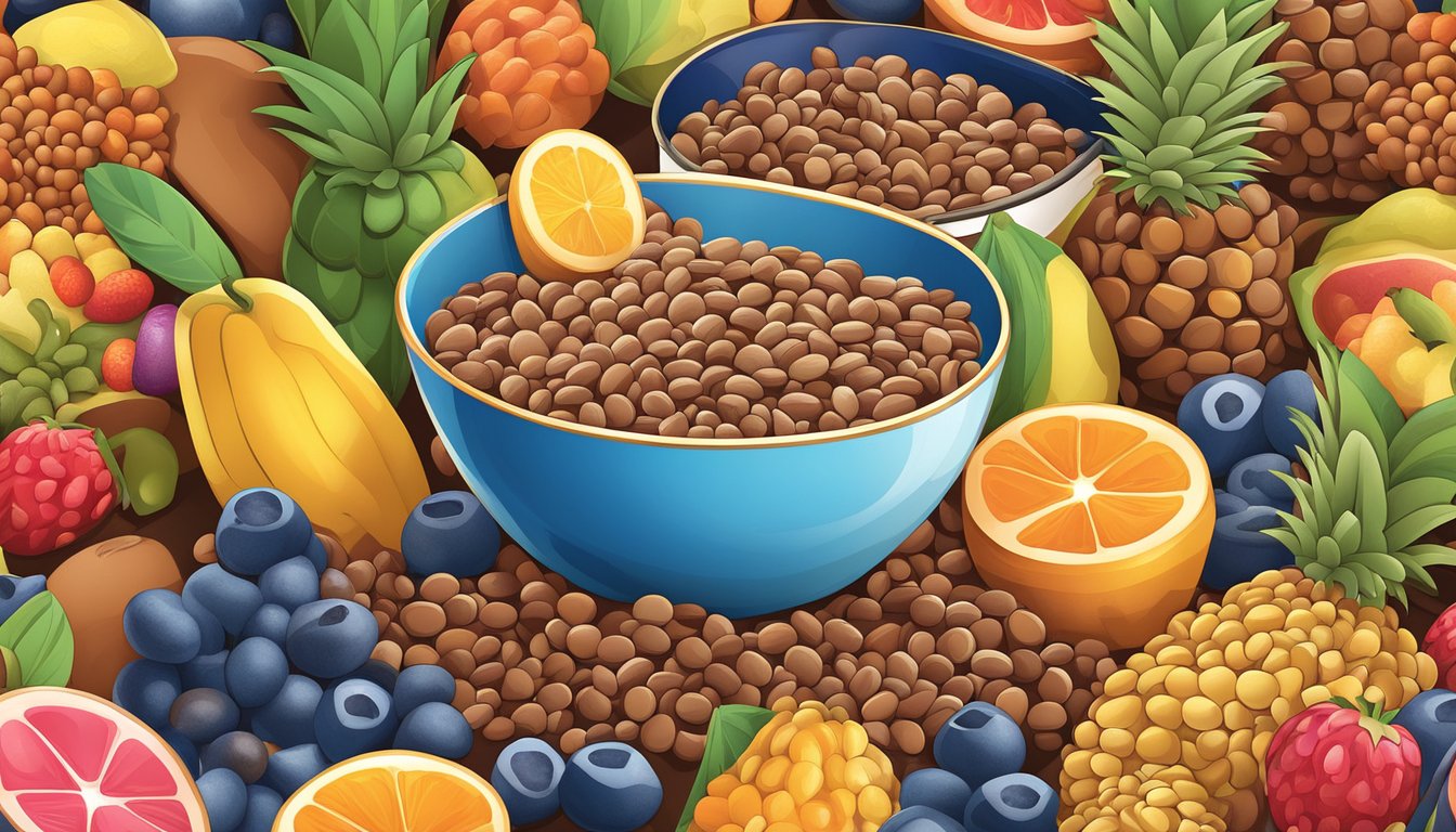 A bowl of cocoa pebbles and cocoa puffs surrounded by a variety of colorful fruits and a glass of milk